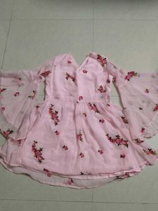 Pink Floral Embroidered Flared Sleeve Top
