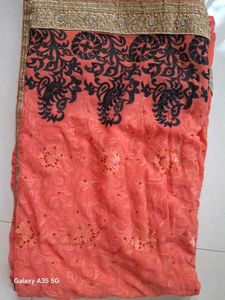 Peach  Mirror  Embroidered Saree