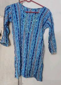 Blue Patterned Short Kuti With Mirror Work