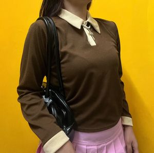 Brown Ribbed Polo Long Sleeve Top