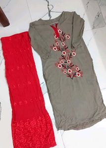 Elegant Grey And Red Embroidered Kurta With Plazo