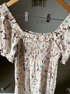 Cream Cowgirl Print Shirred MAXI  Dress