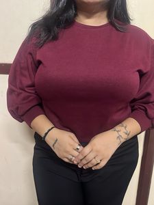 Burgundy Balloon Sleeve Cropped Sweatshirt