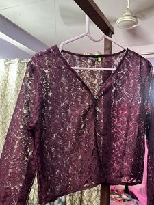 Maroon Lace Button Up Crop Top