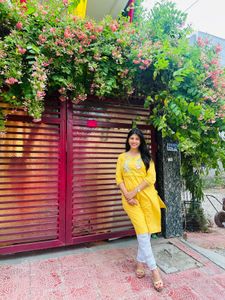 Yellow Embroidered Kurta &amp; White Embroidery Pants