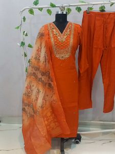 New Orange Golden detailing Kurta Set