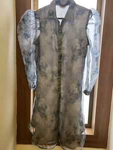 Grey Floral Kurti-Button Front and Long Sleev