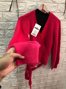 Zara knit Sarg And Pink Wrap Top 👜🕶️