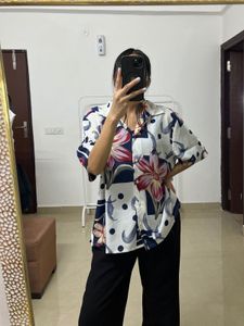 Silk Chiffon Floral Blue White printed Shirt