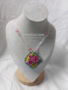 Hand Embroidered Rose Pendant Necklace