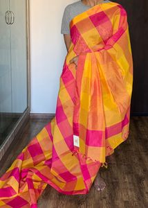 Yellow And Pink Checked Silk Saree