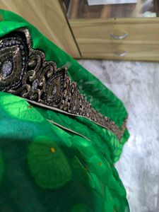 Green Leaf Saree With Yellow Stones.