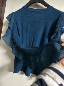 Stylish Blue Ruffle Sleeve Top