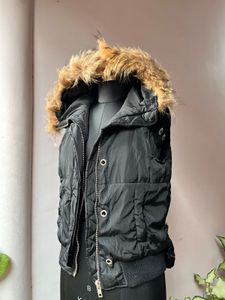 Black Puffer Vest with Fur Hood