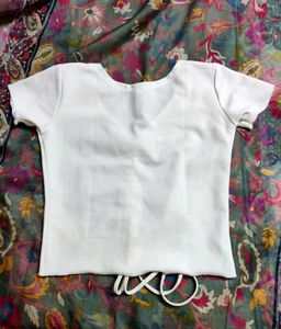 White Crop Top With From Ribbed And Tie