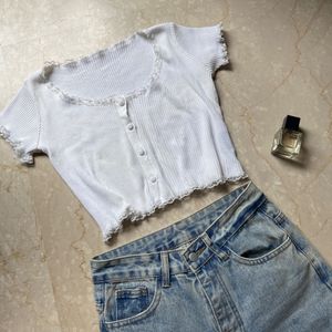 Ribbed Lace Trim Button-Up Top