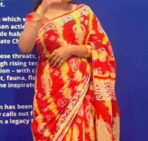 Red &amp; Yellow Block Print Saree