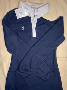 Elegant Navy Blue Cold-Shoulder Polo Shirt