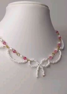 Pearl &amp; Pink Bead Bow Necklace