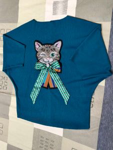 Women Teal blue Cat Bow Embellished Top
