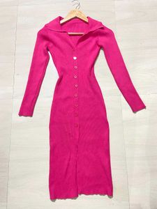 Women Pink Ribbed Midi Dress