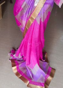 Magenta Tissue Saree with Silver Zari Border