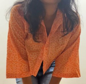 SassProject Orange Bandhani Ethnic Crop Boxy Shirt