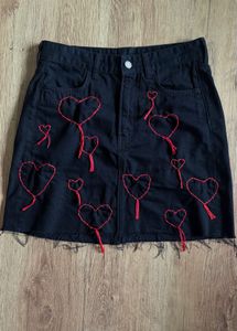 Black Heart Denim Skirt - Hand Embroidered