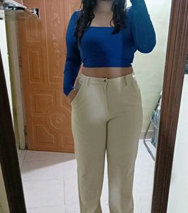 Blue Crop Top & Beige Pants Set