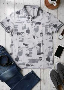 Men’s Grey Printed Polo T-Shirt | Casual & Stylish