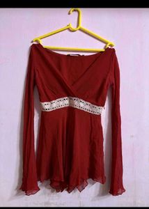 Long Sleeve Deep Neck Red Top