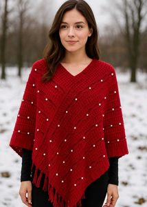 Red Knitted Poncho with Pearls