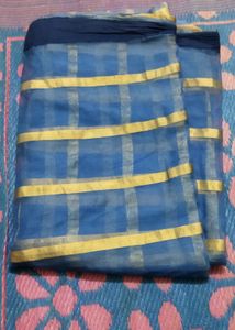 Blue Saree With Golden lines