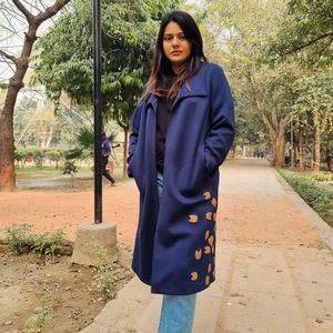 Navy Blue Overcoat Hand Embroidered Applique Work.