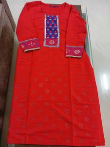 Red Kurti With Blue Patchwork