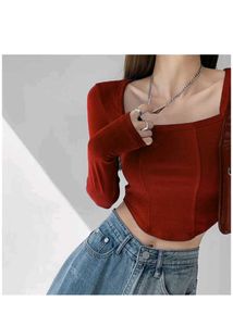 Red Square Neck Long Sleeve Top