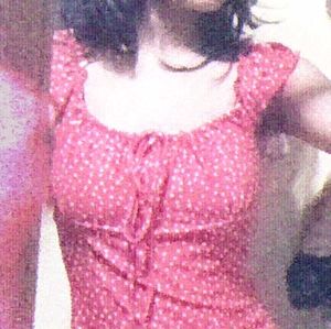 Printed Ruffle Sleeve Red Polka Dot Tie-Front Top