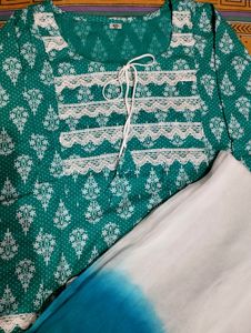 Teal &amp; White Kurti Pant Set