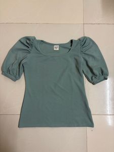 Sage Green Puff Sleeve Top with Square Neckline