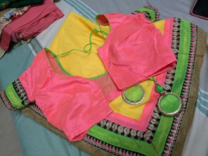 Bright Yellow Saree With Pink Blouse
