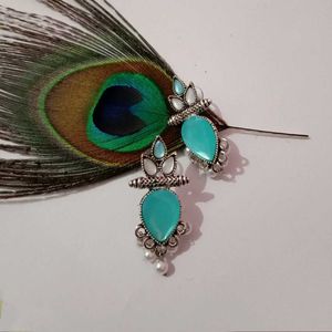 Aqua Bloom: Oxidized Silver Earrings with Pearl