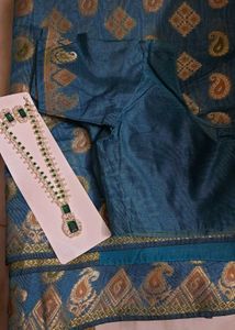 Teal Blue Brocade Banarasi Saree With Blouse