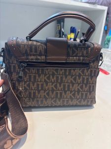 Brown Patterned Satchel with Embellishments
