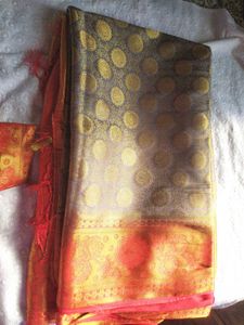 Grey And Red Banarasi Saree