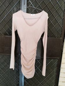 Tan Ruched Long Sleeve Mini Dress