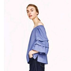 Blue Ruffle Sleeve Off-Shoulder Top