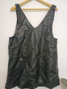 Black Faux Leather Overalls Dress