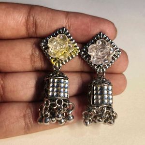 Silver Jhumka Earrings with Rose Detail