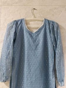 Blue Lace Pearl Trim Top