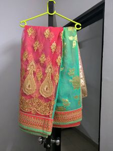 Green & Pink Netted Saree